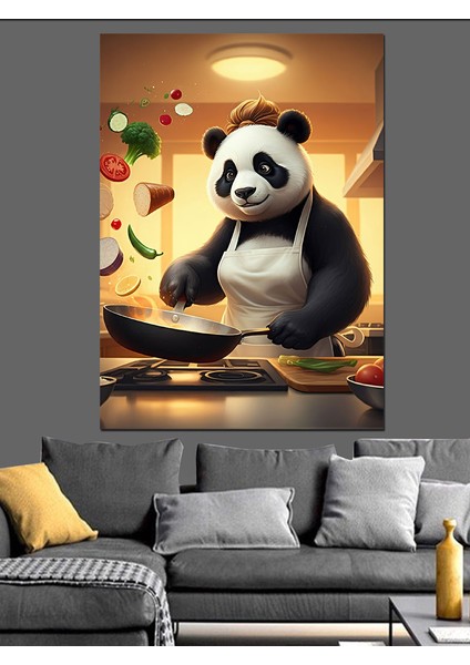 Yemek Yapan Panda Dekoratif Kanvas - Mdf Ahşap Tablo