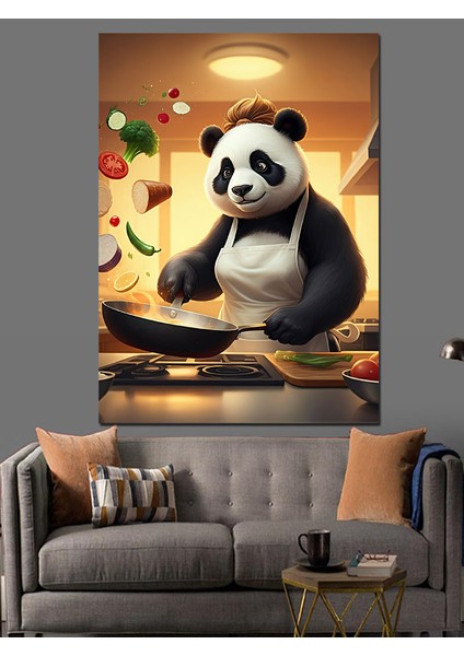 Yemek Yapan Panda Dekoratif Kanvas - Mdf Ahşap Tablo fiyatları