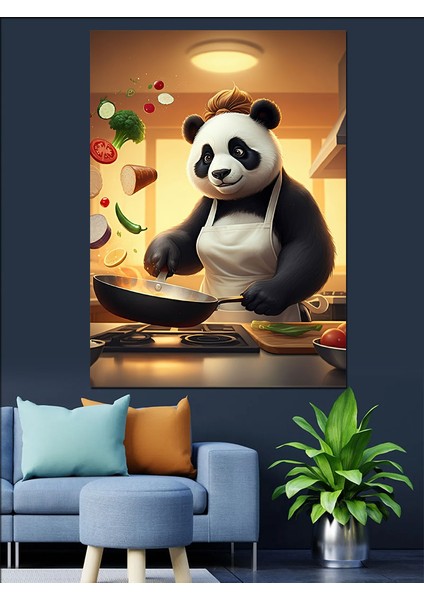 Yemek Yapan Panda Dekoratif Kanvas - Mdf Ahşap Tablo modelleri