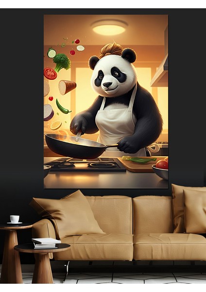 Yemek Yapan Panda Dekoratif Kanvas - Mdf Ahşap Tablo fırsatları