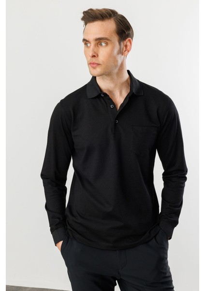 Erkek Polo Yaka Cepli Uzun Kollu Sweatshirt Siyah