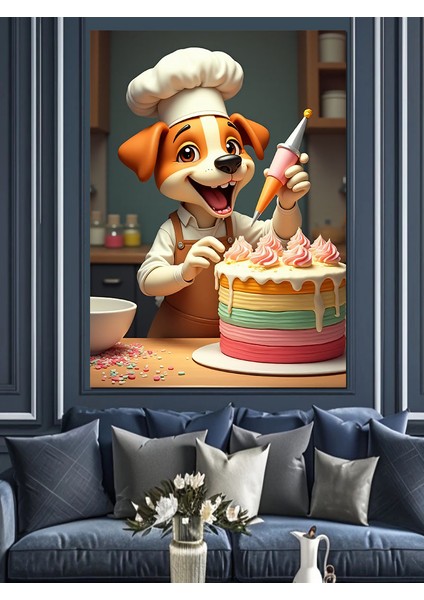 Köpek Şef Pasta Yaparken Dekoratif Kanvas - Mdf Ahşap Tablo