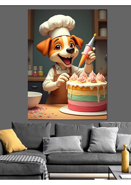 Köpek Şef Pasta Yaparken Dekoratif Kanvas - Mdf Ahşap Tablo