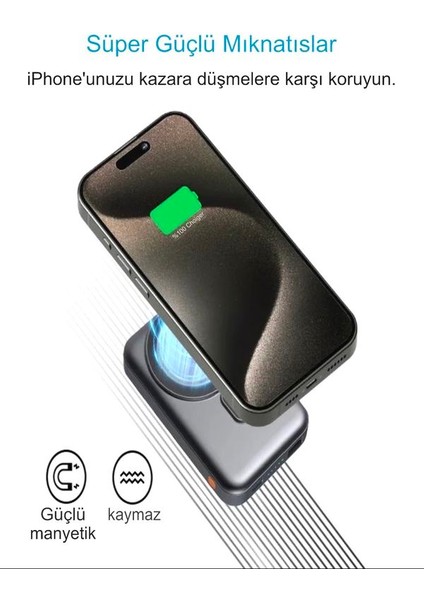 PW0103 5000MAH 22.5W 1Type-C Giriş 1usb LED Gösterge Manyetik Magsafe Kablosuz Taşınabilir Powerbank