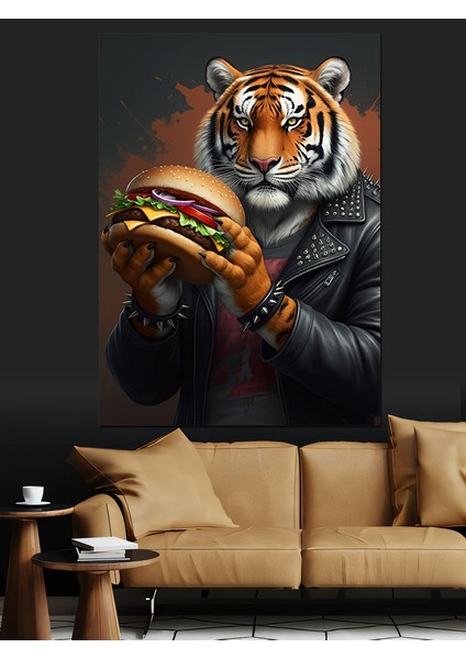 Burger Yiyen Kaplan Dekoratif Kanvas - Mdf Ahşap Tablo modelleri