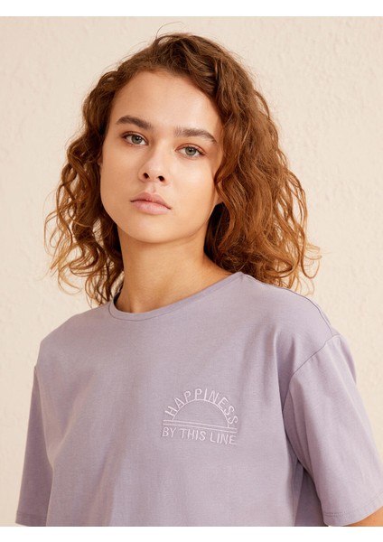 Kadın Lila Oversize Pamuklu Tişört