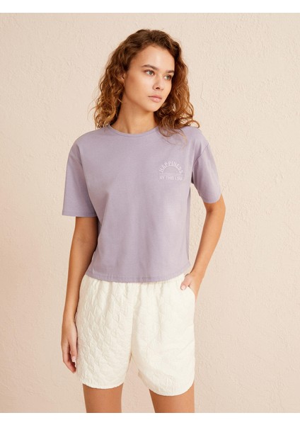 Kadın Lila Oversize Pamuklu Tişört modelleri