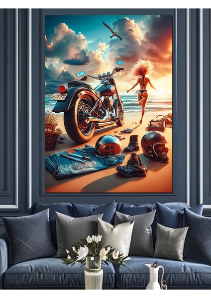 Plajda Motorcu Dekoratif Kanvas - Mdf Ahşap Tablo