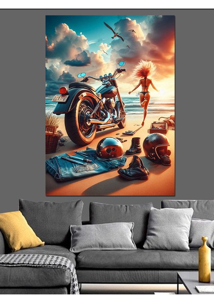 Plajda Motorcu Dekoratif Kanvas - Mdf Ahşap Tablo fiyatları