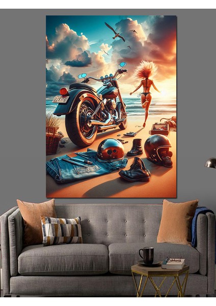Plajda Motorcu Dekoratif Kanvas - Mdf Ahşap Tablo modelleri