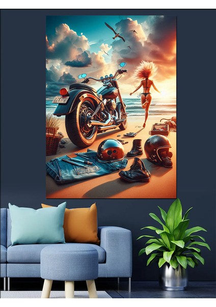 Plajda Motorcu Dekoratif Kanvas - Mdf Ahşap Tablo fırsatları