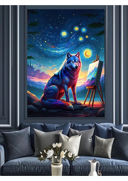 Gece Ressamı Kurt Dekoratif Kanvas - Mdf Ahşap Tablo