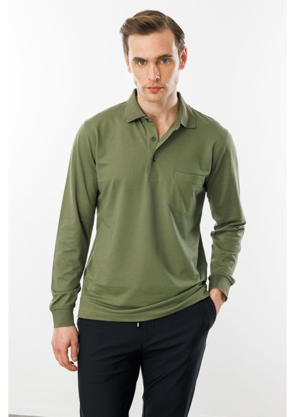 Erkek Polo Yaka Cepli Uzun Kollu Sweatshirt Haki