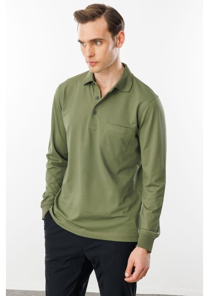 Erkek Polo Yaka Cepli Uzun Kollu Sweatshirt Haki fiyatları