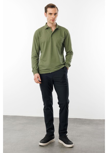 Erkek Polo Yaka Cepli Uzun Kollu Sweatshirt Haki modelleri