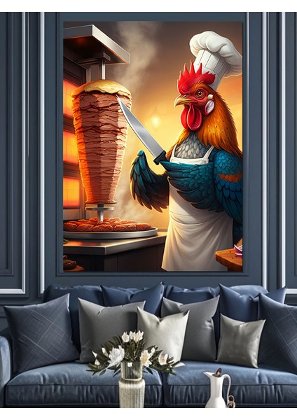 Döner Kesmeye Hazırlanan Horoz Şef Dekoratif Kanvas - Mdf Ahşap Tablo fırsatları