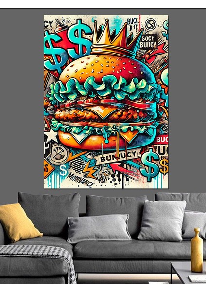 Renkli Fast Food Burger Çizimi Dekoratif Kanvas - Mdf Ahşap Tablo