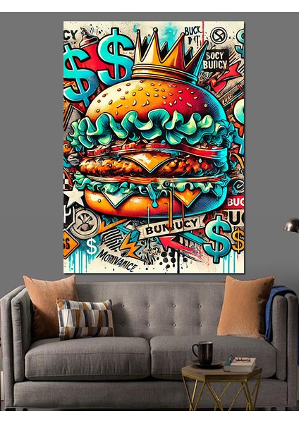 Renkli Fast Food Burger Çizimi Dekoratif Kanvas - Mdf Ahşap Tablo fiyatları