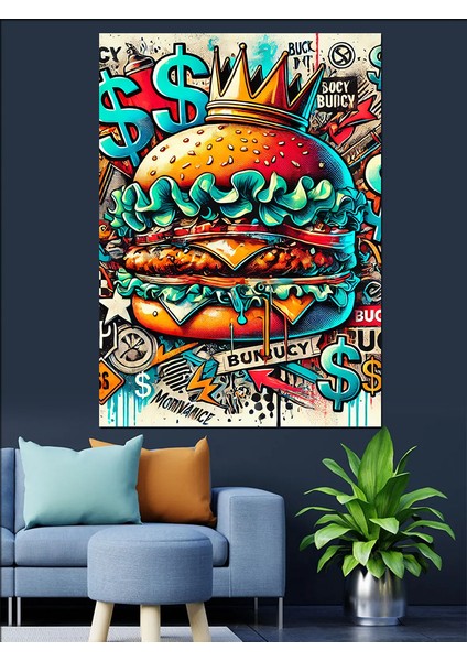 Renkli Fast Food Burger Çizimi Dekoratif Kanvas - Mdf Ahşap Tablo modelleri