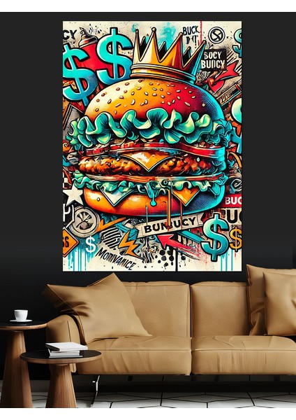 Renkli Fast Food Burger Çizimi Dekoratif Kanvas - Mdf Ahşap Tablo fırsatları