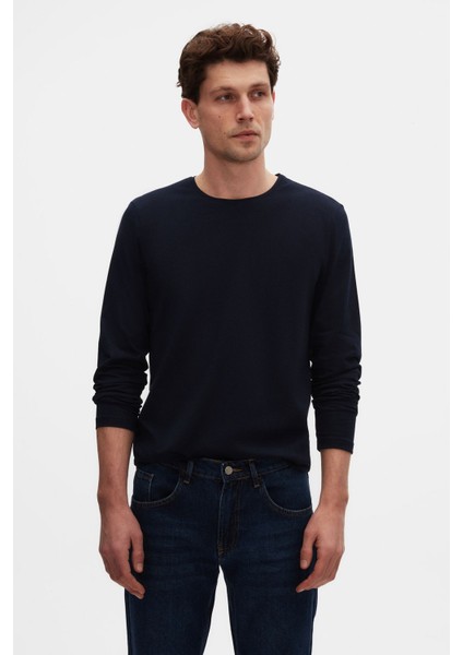 Slim Fit Lacivert Bisiklet Yaka Pamuk Nefes Alabilen Uzun Kollu Body Tişört 4HC14ORT0007M