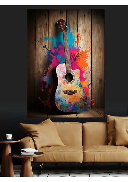 Renkli Gitar Dekoratif Kanvas - Mdf Ahşap Tablo