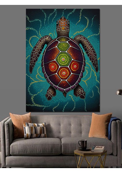 Desenli Deniz Kaplumbağası Dekoratif Kanvas - Mdf Ahşap Tablo