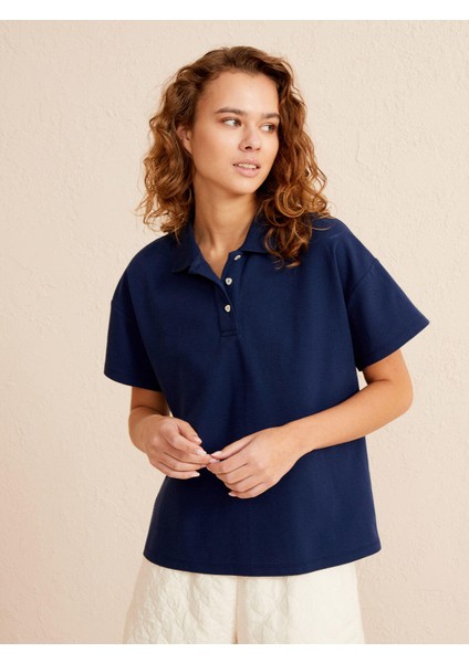 Kadın Lacivert Oversize Pamuklu Polo Yaka Basic Tişört