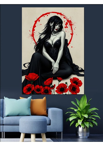 Gelincik Çiçekleri Içinde Kadın Dekoratif Kanvas - Mdf Ahşap Tablo fırsatları