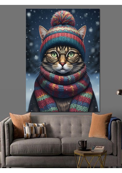 Şapkalı Kış Kedisi Dekoratif Kanvas - Mdf Ahşap Tablo fiyatları
