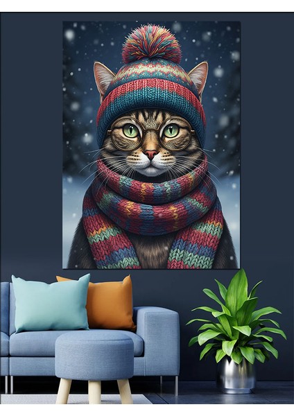 Şapkalı Kış Kedisi Dekoratif Kanvas - Mdf Ahşap Tablo modelleri
