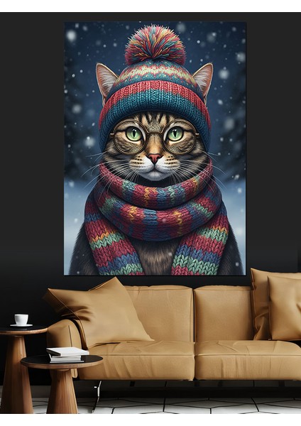 Şapkalı Kış Kedisi Dekoratif Kanvas - Mdf Ahşap Tablo fırsatları