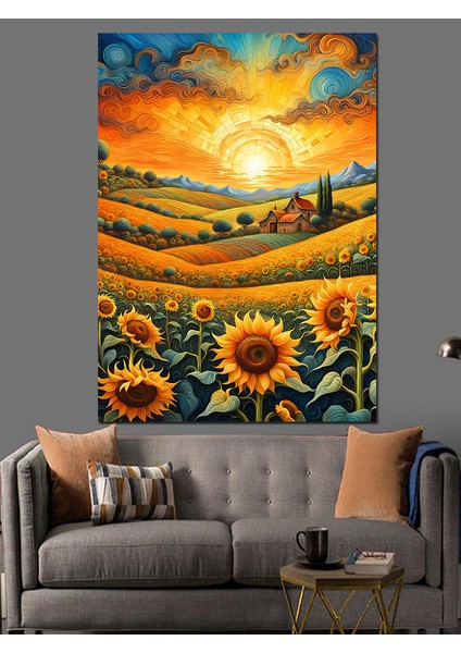 Ayçiçek Tarlasında Gün Batımı Dekoratif Kanvas - Mdf Ahşap Tablo fiyatları