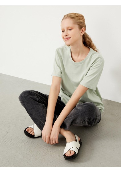 Kadın Mavi Oversize Pamuklu Basic Tişört