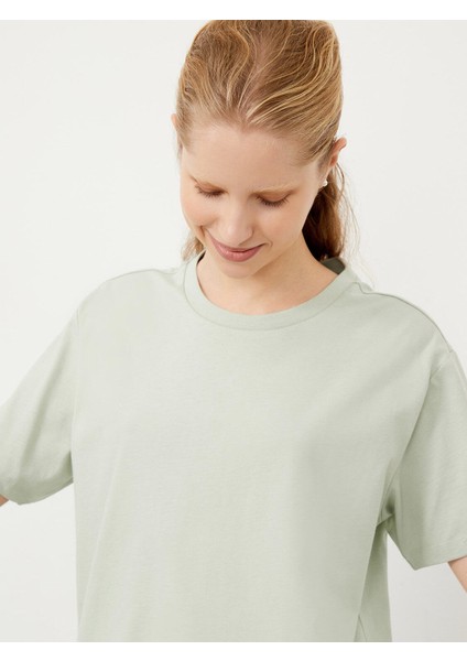 Kadın Mavi Oversize Pamuklu Basic Tişört