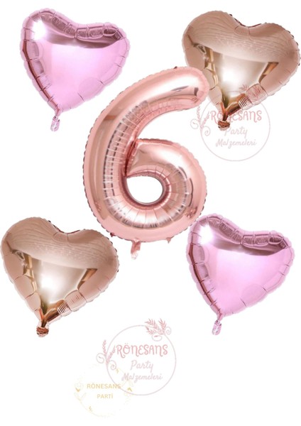 Rönesans Rose Gold Rakam Kalp ve Pembe Kalp Folyo Balon Seti Yaş 6