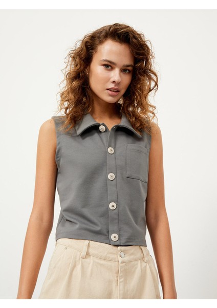Kadın Gri Regular Fit Pamuklu Polo Yaka Tişört