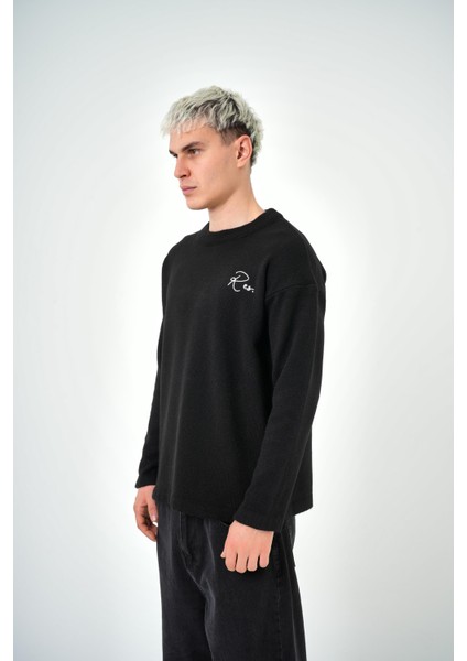 Erkek Respire Atelier Yazılı Oversize Kazak Siyah