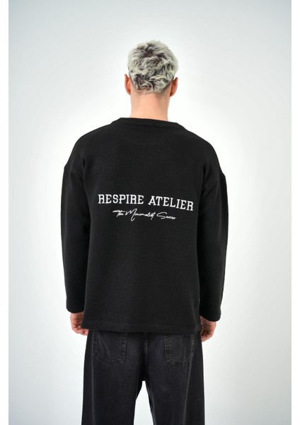 Erkek Respire Atelier Yazılı Oversize Kazak Siyah