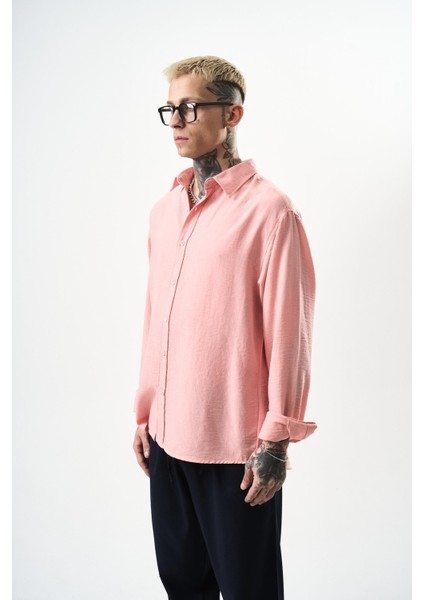 Erkek Oversize Keten Gömlek Pembe