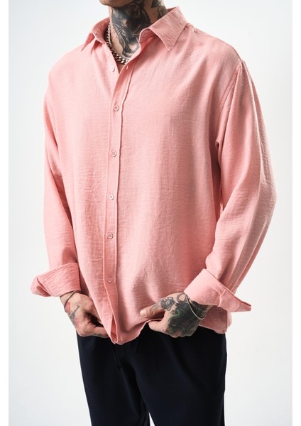 Erkek Oversize Keten Gömlek Pembe