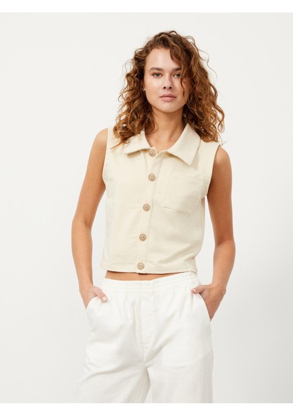 Kadın Bej Regular Fit Pamuklu Polo Yaka Tişört