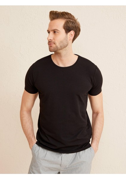 Siyah Slim Fit Pamuklu Tişört