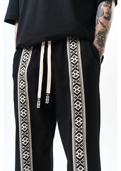 Erkek Etnik Şerit Detaylı Interlok Baggy Eşofman Altı Ekru