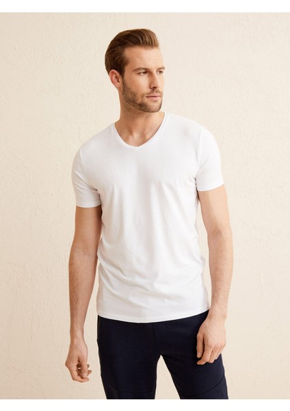 Erkek Beyaz Slim Fit Pamuklu Basic Tişört