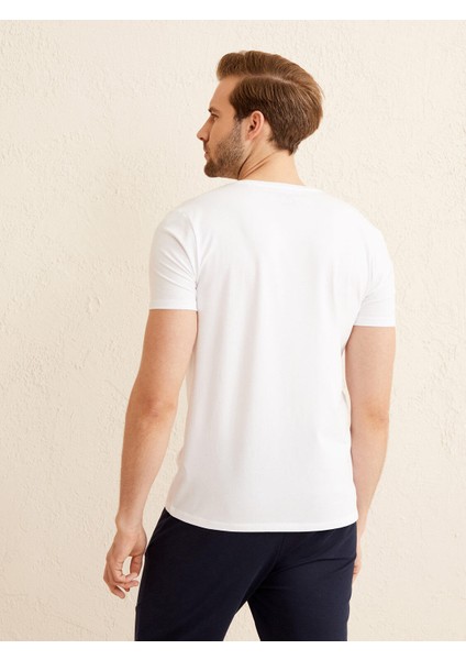 Erkek Beyaz Slim Fit Pamuklu Basic Tişört