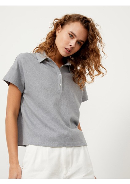 Kadın Gri Regular Fit Keten Polo Yaka Tişört