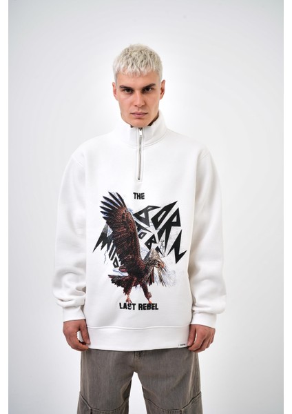 Erkek The Last Rebel Baskılı Yarım Fermuarlı Oversize Sweatshirt Ekru