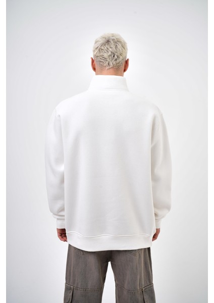 Erkek The Last Rebel Baskılı Yarım Fermuarlı Oversize Sweatshirt Ekru