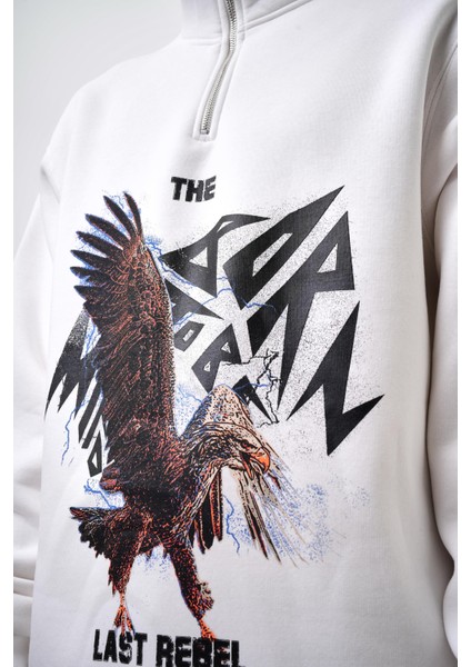 Erkek The Last Rebel Baskılı Yarım Fermuarlı Oversize Sweatshirt Ekru